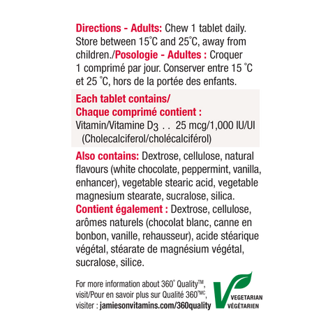 31002252 Vitamin D3 1,000 IU Chewable - White Chocolate Peppermint 60 Chewables 31002252_D3_Chewable_WhiteChocPeppermint_160cc_R21004555_NFP